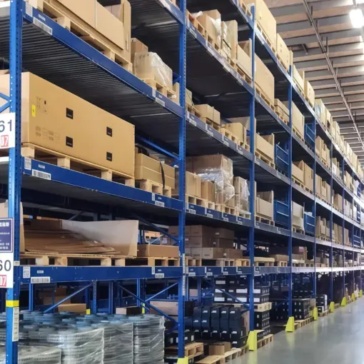 Auto parts warehouse shelves with organized inventory and OE number matching support