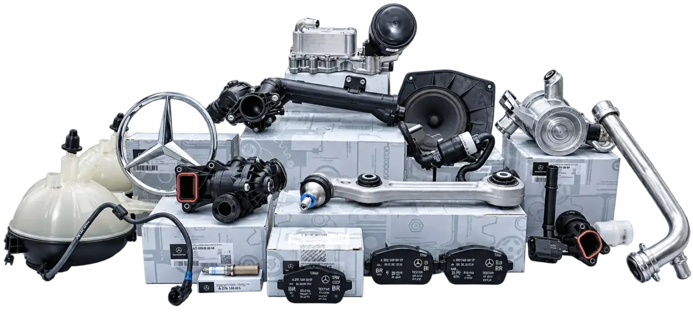 Mercedes-Benz original auto parts including spark plugs, brake pads, thermostats, speakers and ignition coil